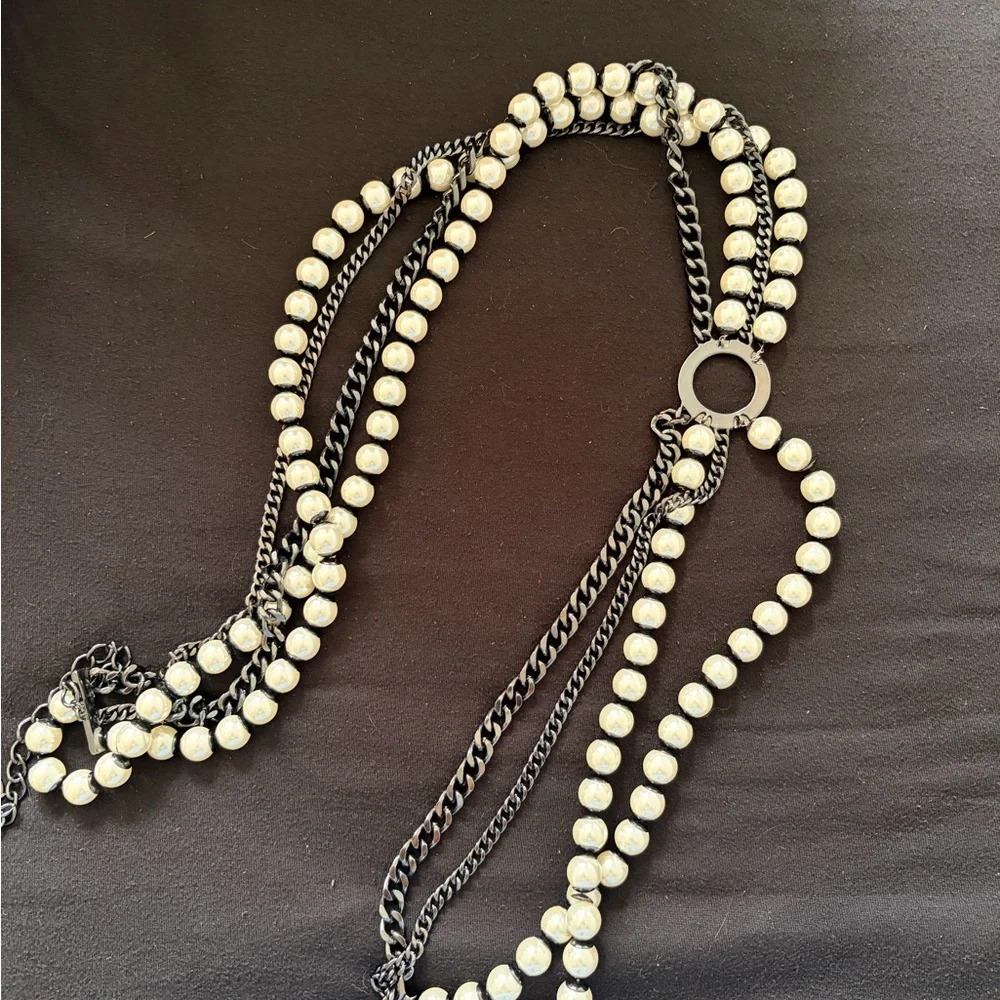 ZARA Pearl Chain Waist Belt Black & White Statement Belt